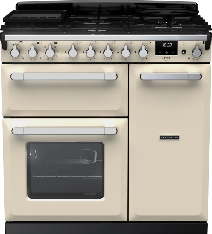 Image of Rangemaster Estel Deluxe ESDL90DFPPCR/CM1 90cm Dual Fuel Range Cooker - Cream / Chrome - A/A Rated