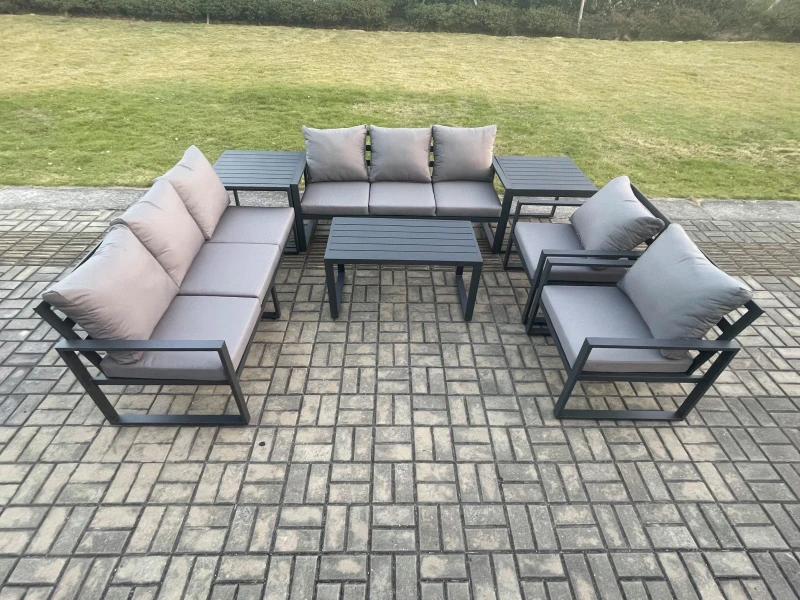 Image of Fimous Aluminium 7 Pieces Garden Furniture Set with Cushions 8 Seater Outdoor Patio Lounge Sofa Set with 2 Armchairs 2 Side Tables Dark Grey Dark Grey