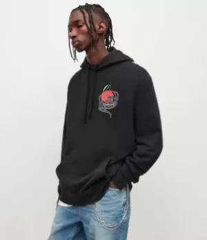 Image of AllSaints Mens Edenfall Pullover Hoodie, Black/Blue/Red, Size: M