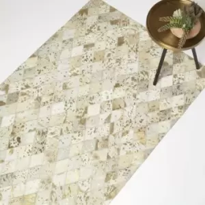Image of Homescapes - Gold & Grey Geometric Diamond Leather Rug, 90 x 150cm - Grey, Gold