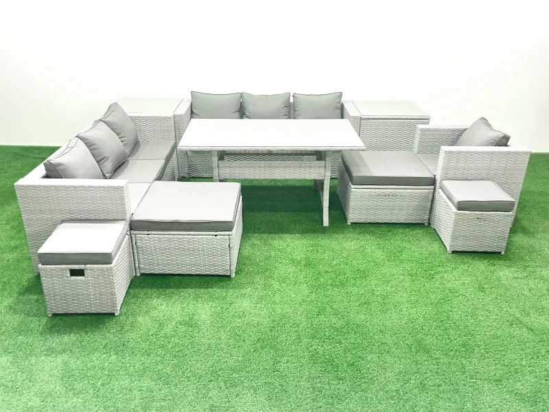Image of Fimous Rattan Garden Furniture Dining Set 11 Seater Lounge Sofa Chair Dining Table Set with 4 Footstools 2 Side Tables Light Grey Mixed Light Grey