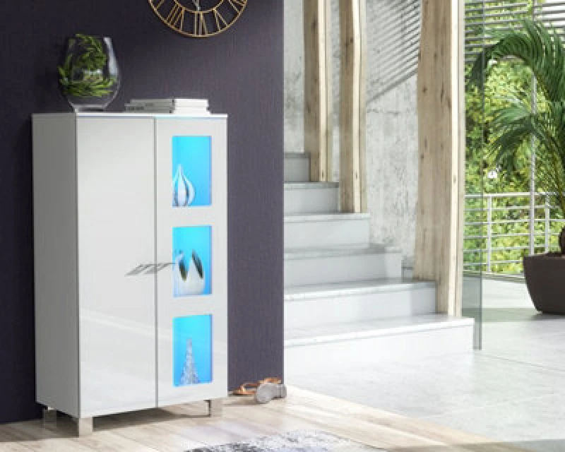 Image of Furneo White Sideboard Cabinet Modern High Gloss &matt Cupboard Blue LED Lights Mia 02