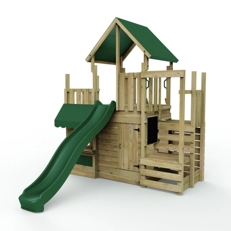 Image of Rebo Wooden Climbing Frame with Shopfront, Play Tower and Slide - M22 Shop & Den Brown