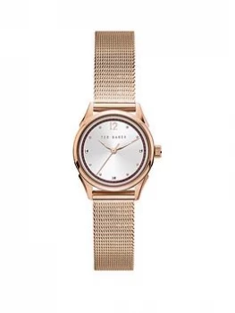 Image of Ted Baker Silver Sunray and Pink Detail Dial Rose Gold Stainless Steel Mesh Strap Ladies Watch, One Colour, Women