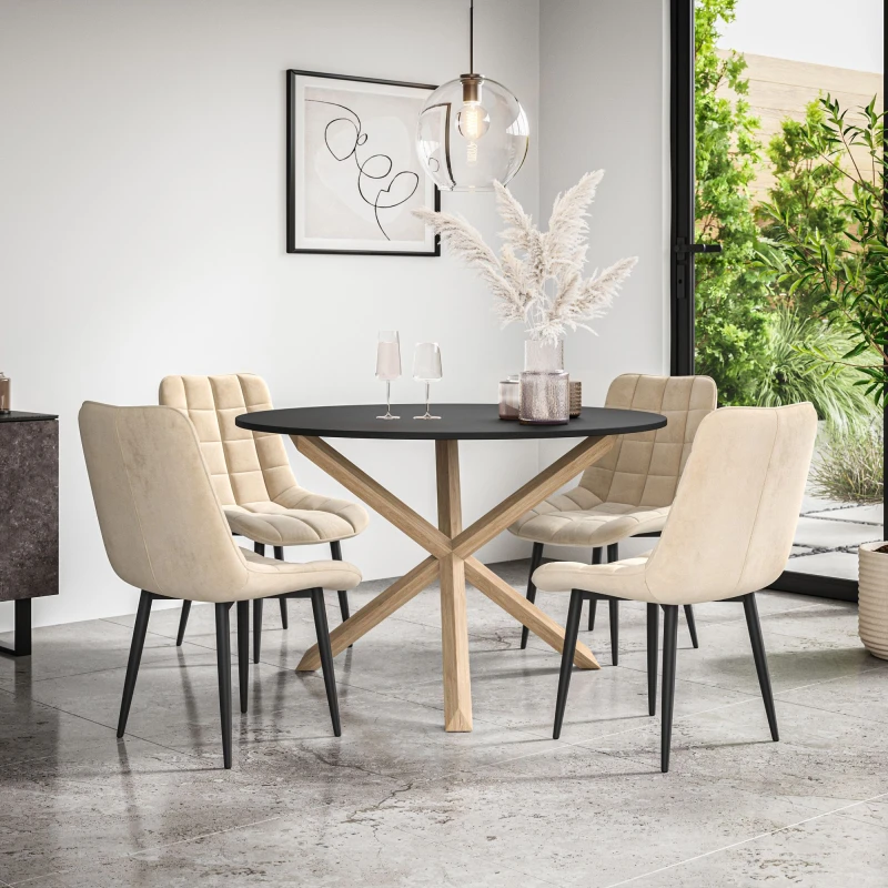 Image of More4Homes Malvern Round Dining Table And Chairs - Black Table Top W Solid Oak Legs + Nova Velvet Dining Chair Set Of 4 (Beige)