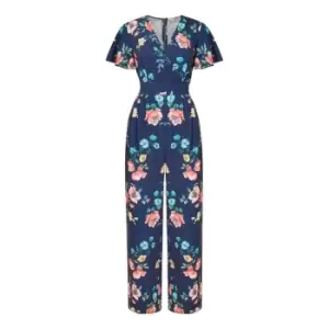 Image of Yumi Navy Floral Angel Sleeve Jumpsuit - Blue