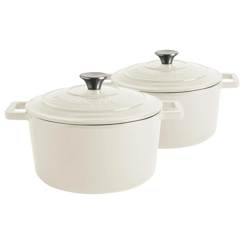 Image of Argon Tableware 2x Round Cast Iron Casserole Dishes with Self-Basting Lid 4.5L in Off-White Off-White Unisex