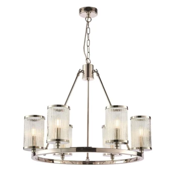 Image of Endon Directory Lighting - Endon Easton - 6 Light Multi Arm Pendant Bright Nickel, Ribbed Glass Bubble Effect, E14