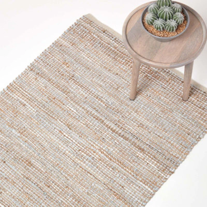 Image of Homescapes Madras Leather Hemp Rug Natural, 90 X 150 Cm