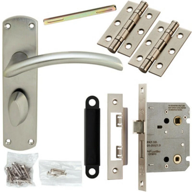 Image of Loops Door Handle & Bathroom Lock Pack Satin Chrome Arched Lever Thumb Turn Backplate Multi