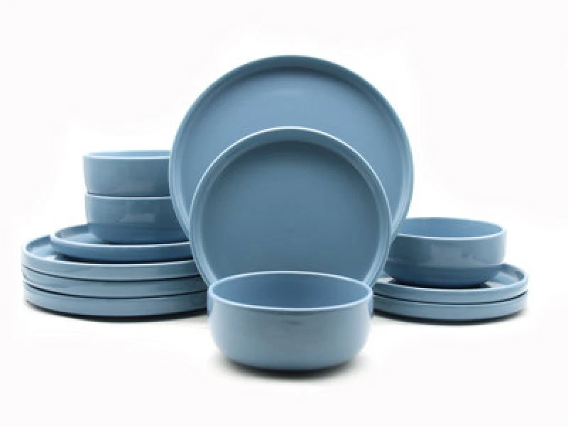 Image of 12Pc Pastel Blue Lipped Stoneware Dinner Set