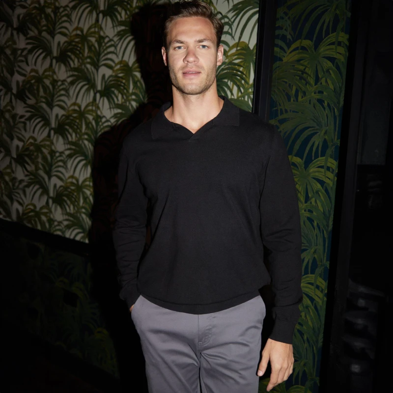 Image of Threadbare Trophy Neck Knitted Long Sleeve Polo Jumper - Black 2XL