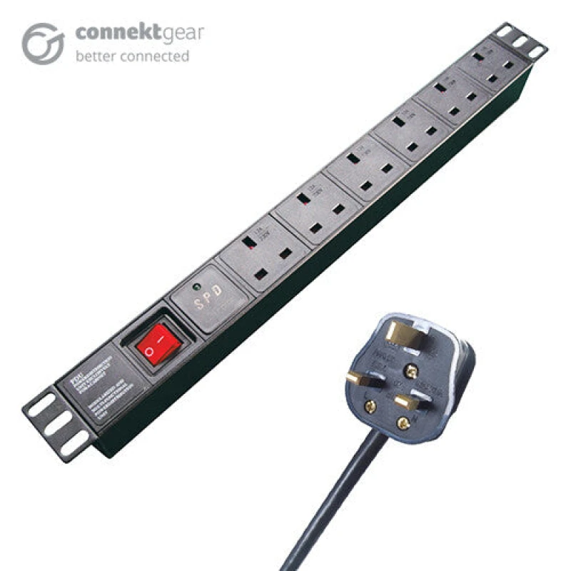 Image of CONNEkT Gear connektgear 3m 6 Way Surge Protected Horizontal Rack Mount Power Extension Block UK Plug to 6 x UK Sockets - Black 27-6030S/UK/RM
