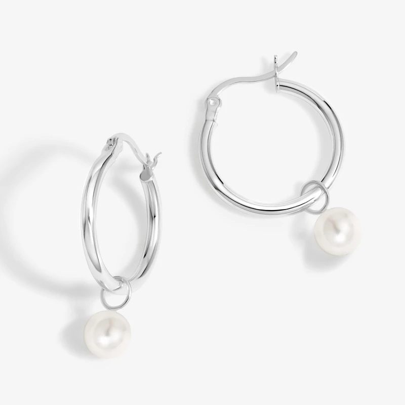 Image of Simply Silver Sterling Silver 925 Polished and Pearl Hoop Earrings Silver