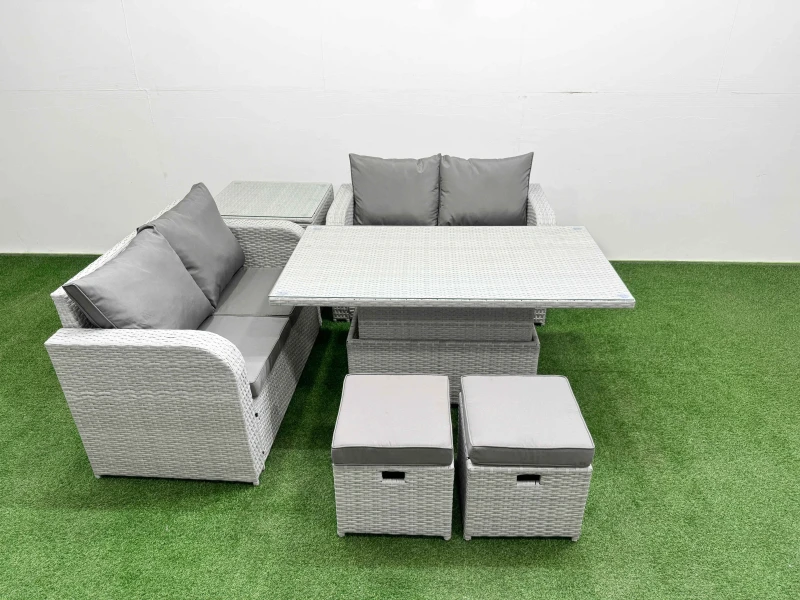 Image of Fimous 6 Seater Outdoor Love Sofa Set Rattan Garden Furniture Set with Adjustable Lifting Dining or Coffee Table 2 Small Stools Side Table Light Grey