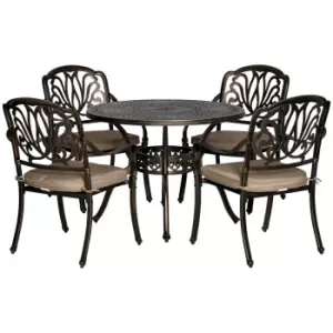 Image of Outsunny 4 Seater Outdoor Dining Set Antique Cast Aluminium Garden Furniture Set with Cushions Round Dining Table with Parasol Hole, Bronze
