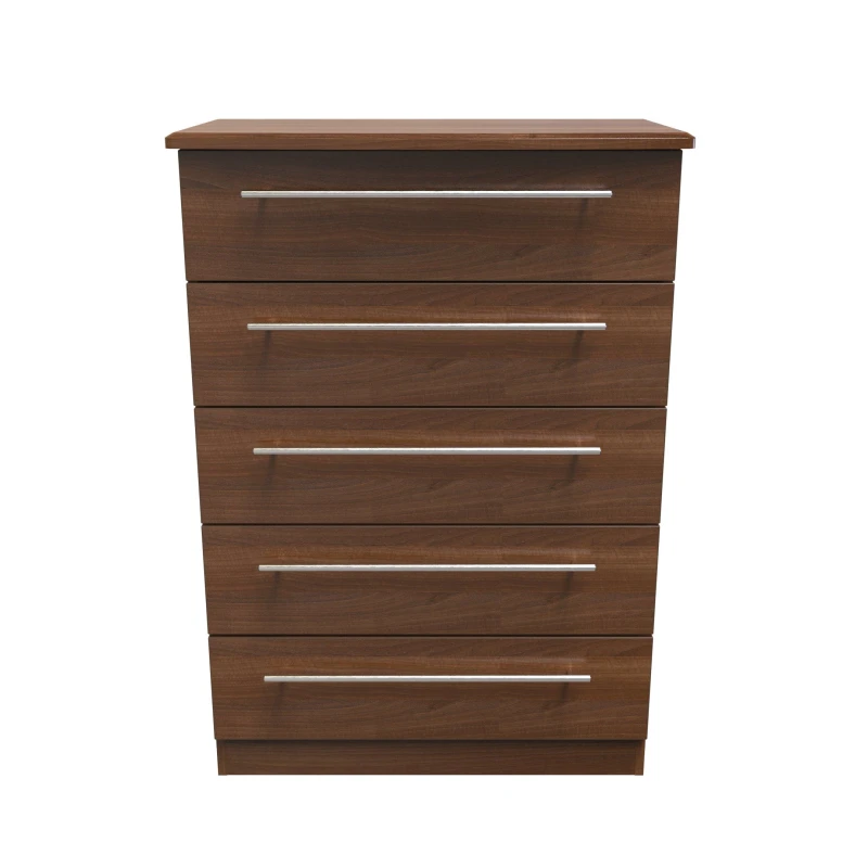 Image of Welcome Furniture Ready Assembled Edina 5 Drawer Chest - Noche Walnut, Brown SHE012N