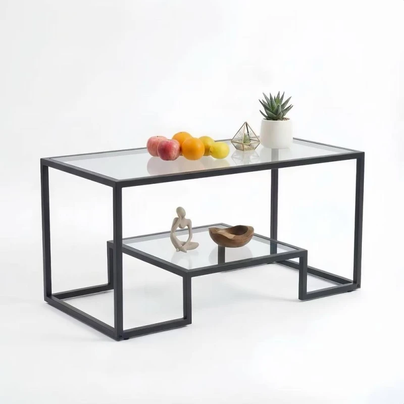 Image of Alivio Modern Coffee Table with Metal Frame & Storage Shelves in Clear Clear Unisex