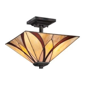 Image of 2 Light Semi Flush Ceiling Lamp Bronze, Tiffany Glass, E27
