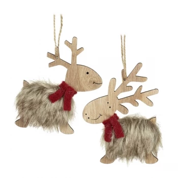 Image of Wooden Deer With Fur Body Hanging Decorations (Set of 2)