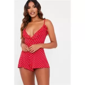 Image of I Saw It First Red Polka Dot Frill Detail Cami Playsuit - Red