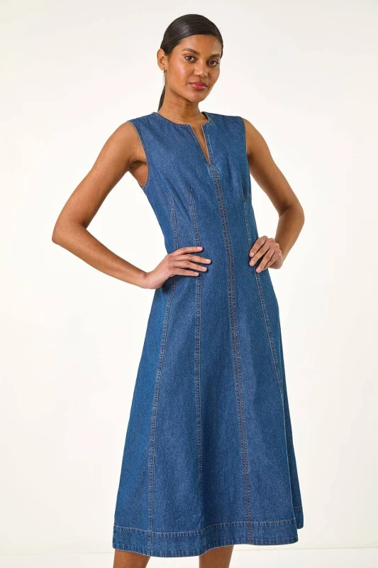 Image of Roman Womens Panel Detail Midi Dress in Mid Blue Size: 14 Mid Blue Female 14
