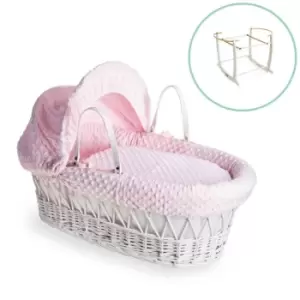 Image of Clair de Lune Dimple White Wicker Moses Basket in Pink & White Deluxe Rocking Stand - Pink