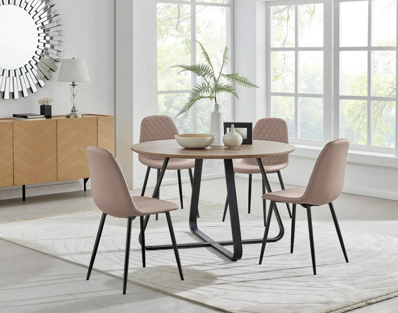 Image of FurnitureboxUK FurnitureboxUK Santorini Brown Round Table & 4 Corona Black Leg Chairs in Beige Beige One Size Unisex 5056657126339