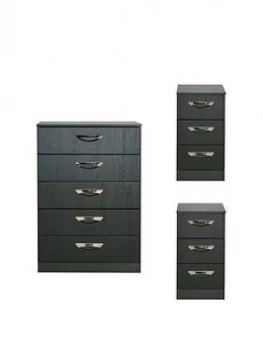 Image of Swift Canterbury 3 Piece Ready Assembled Package - 5 Drawer Chest And 2 Bedside Chests