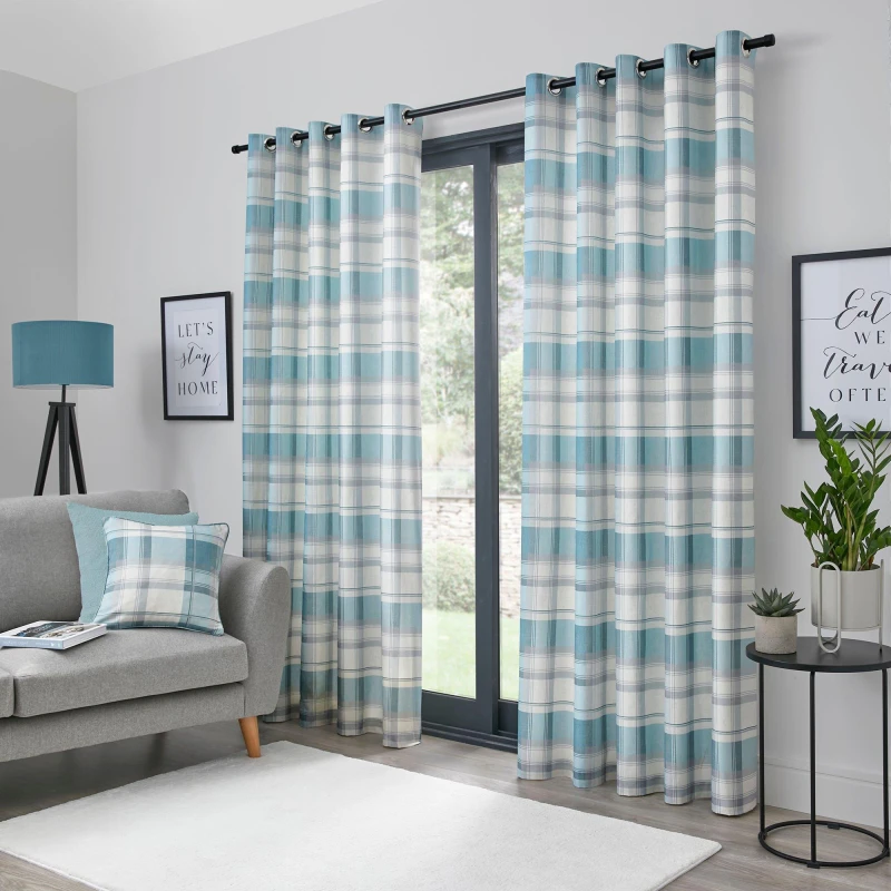 Image of Fusion Balmoral Check Cotton Eyelet Curtains in Duck Egg - Blue Blue 9