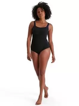 Image of Speedo Lunalustre Printed Shaping Swimsuit, Black/Multi, Size 42, Women