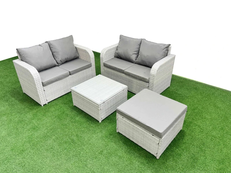 Image of Fimous 5 Seater Outdoor Love Sofa Set Rattan Garden Furniture Set with Square Coffee Table Big Footstool Light Grey Light Grey