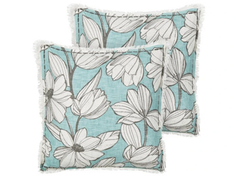 Image of Beliani Set Of 2 Decorative Cushions Cyanotis Cotton 45 X 45cm Light Blue Floral Pattern