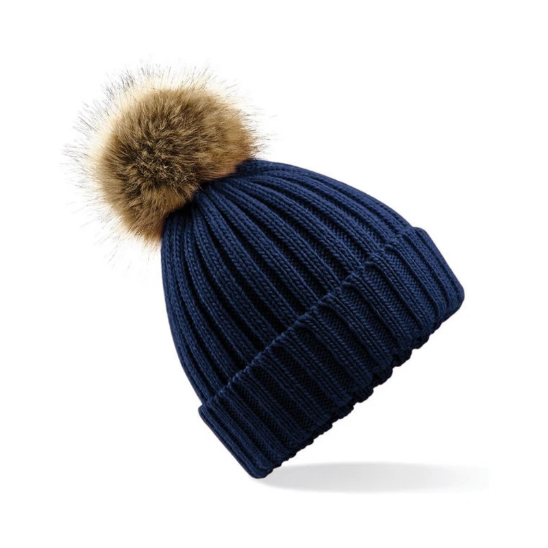 Image of Beechfield Beechfield Men Pom Pom Faux Fur Chunky Knit Beanie in Navy Navy One Size Male 5063425299829