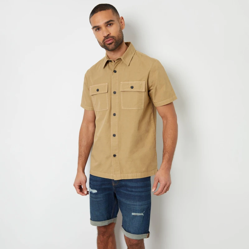 Image of Threadbare 'Tire' Utility Short Sleeve Cotton Shirt Stone male