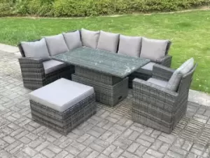 Image of Fimous 7 Seater Outdoor Dark Grey Rattan Lounge Complete Sofa Set Left Side with Adjustable Dining Table and Big Footstool