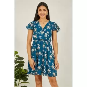 Image of Mela London Teal Floral Print Wrap Over Skater Dress - Blue