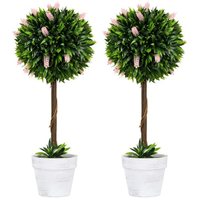 Image of HOMCOM Set of 2 Potted Artificial Plants Ball Tree with Flowers - White - White TJ Hughes 5056725556044