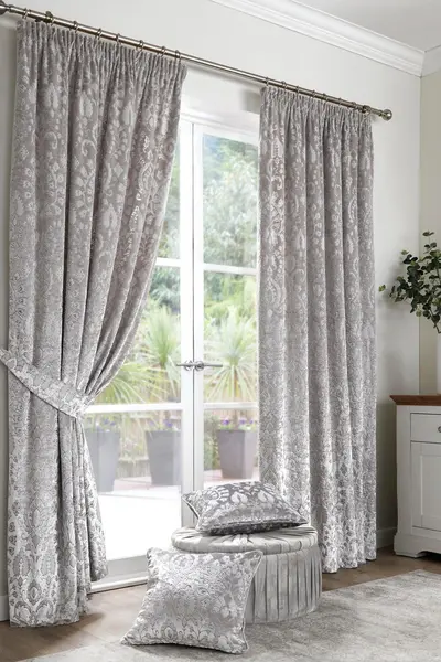 Image of Curtina Trinity Jacquard Silver Pencil Pleat Curtains Silver