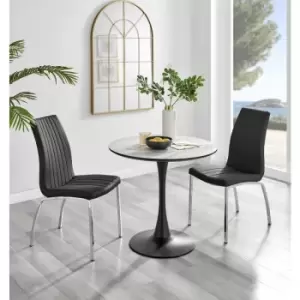 Image of Furniturebox UK - Furniturebox Elina White Marble Effect Modern 80cm Round Dining Table & 2 Black Isco Faux Leather Chairs