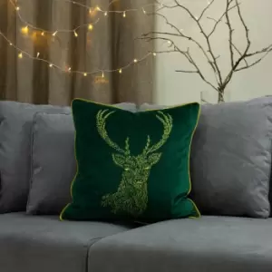 Image of Furn Forest Fauna Stag Embroidered Faux Velvet Piped Cushion Cover, Emerald/Gold, 50 x 50 Cm