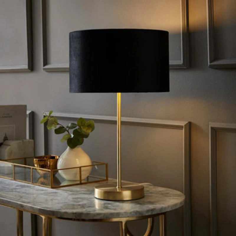 Image of ValueLights ValueLights Charlie Gold Stem Table Lamp with Velvet Drum with Gold Inner Lamp Shade in Black One Size Unisex 5059406060694