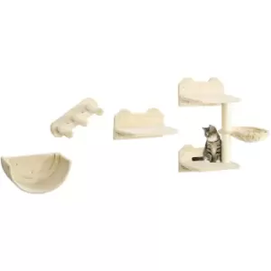 Image of Wall-Mounted Cat Shelves w/ Hammock, Nest, Scratching Post - Beige - Pawhut