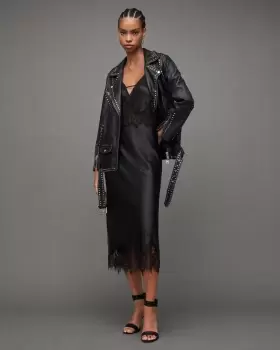 Image of AllSaints Ophelia Silk Blend Lace Trim Slip Dress