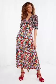 Image of Vintage Mixed Print Puff Sleeve Maxi Dress