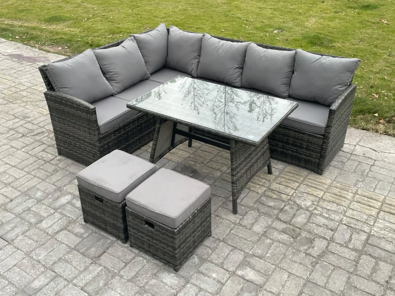 Image of Fimous Wicker Rattan Garden Furniture Corner Sofa Set with Oblong Dining Table 2 Small Footstools 8 Seater Dark Grey