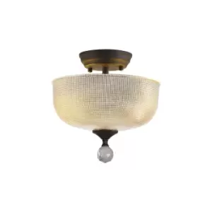 Image of Dresden 2 Light Semi Flush Ceiling Lamp E27 With Round 26.5cm Prismatic Effect Glass Shade Graphite, Clear