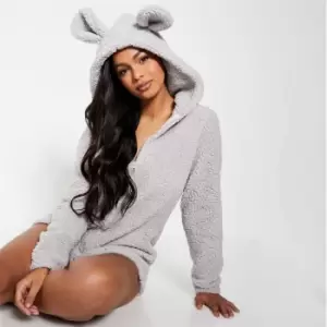 Image of I Saw It First Borg Teddy Ear Detail Hooded Romper - Grey