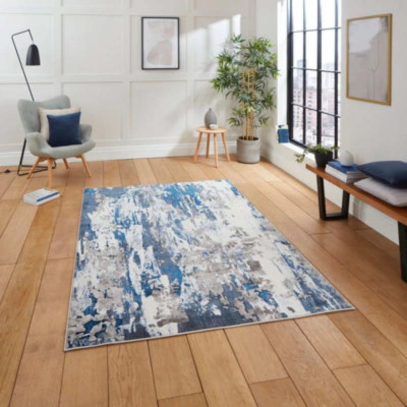 Image of Grey Navy Abstract Machine Made Modern Rug For Living Room Bedroom And Dining Room-120Cm X 170Cm