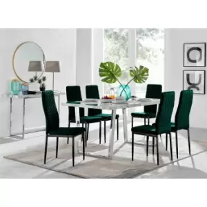 Image of Furniture Box Kylo White Marble Effect Dining Table and 6 Green Velvet Milan Black Leg Chairs